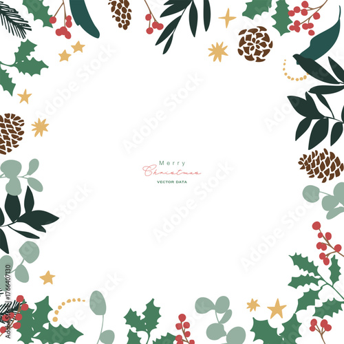 12月のクリスマスフレーム。松ぼっくりとヒイラギのクリスマス背景。冬のクリスマスリースイラスト。
December Christmas frame. Christmas background with pine cones and holly. Winter Christmas wreath illustration.
