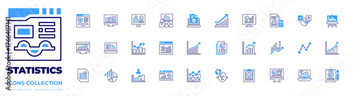 Statistics icon collection. Bold line style. Duotone colors. statistics, report, polling, research, analytics, profits, pie chart, chart, line graph, stats