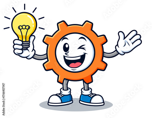 Cheerful orange gear mascot holding glowing lightbulb, winking with open arms, isolated