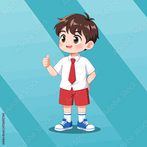 Cheerful schoolboy giving thumbs up in uniform, colorful cartoon style isolated