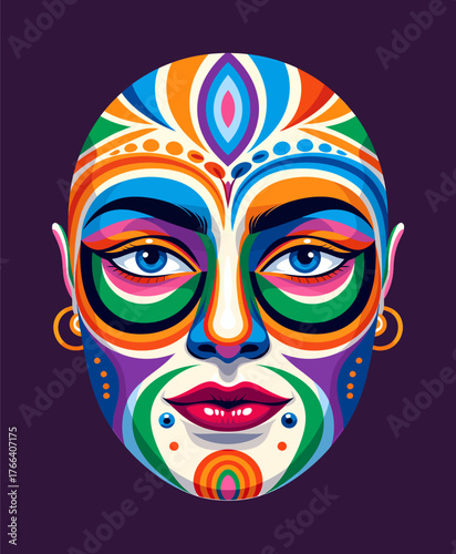 Colorful abstract face mask with vibrant patterns and bold eyes, isolated