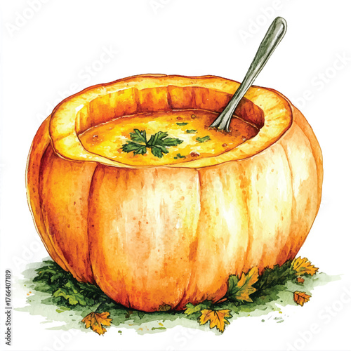 Delicious pumpkin soup served in a hollowed out pumpkin bowl with spoon.