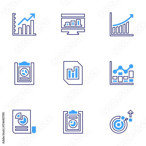 Statistics icon set. Bold line style. Duotone colors. Editable stroke. statistics, research, line graph, bar chart, growing, graph, computer, report, pie chart