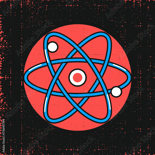 Colorful atom symbol with blue orbits and red nucleus, retro sci fi style isolated