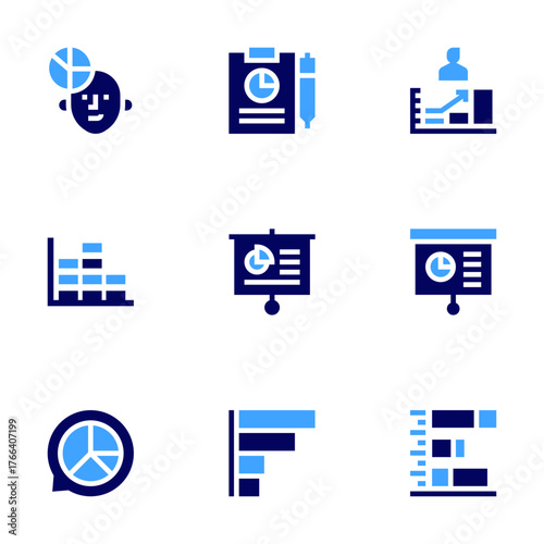 Statistics icon set. Bold style. Duotone colors. bar chart, pie chart, statistics, presentation, clipboard