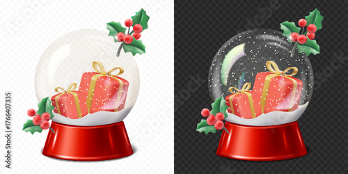 Christmas and New Year transparent snow globe with snow, isolated.	