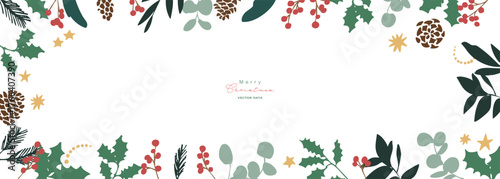 12月のクリスマスフレーム。松ぼっくりとヒイラギのクリスマス背景。冬のクリスマスリースイラスト。
December Christmas frame. Christmas background with pine cones and holly. Winter Christmas wreath illustration.