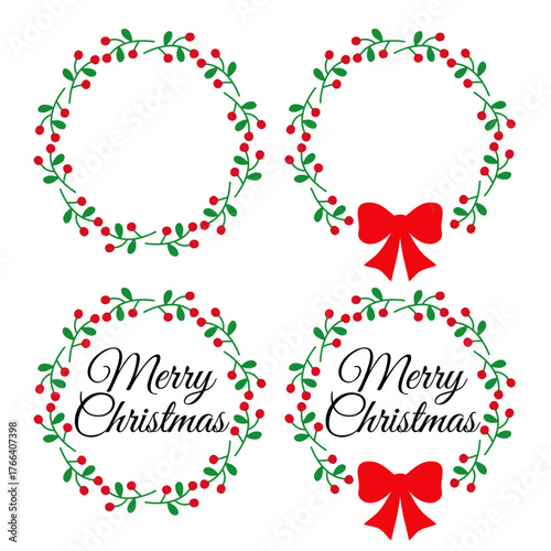 Tiempo de Navidad. Logo con mensaje Merry Christmas con corona navideña circular de ramitas, hojas y bayas de muérdago y acebo con lazo de regalo 