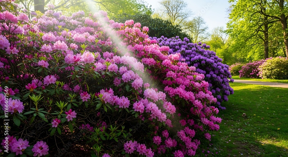 Obraz premium Blooming Rhododendrons in Sunlight - A Vibrant Garden Scene.