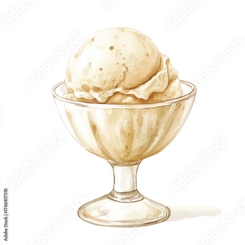 Delicious scoop of ice cream in a glass dessert bowl.