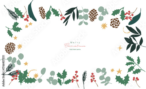 12月のクリスマスフレーム。松ぼっくりとヒイラギのクリスマス背景。冬のクリスマスリースイラスト。
December Christmas frame. Christmas background with pine cones and holly. Winter Christmas wreath illustration.