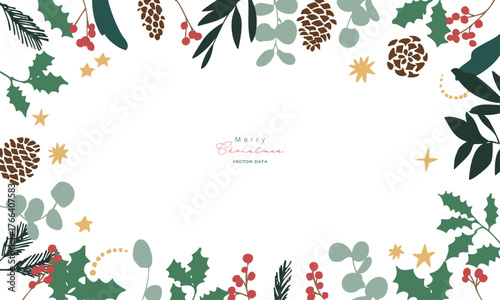 12月のクリスマスフレーム。松ぼっくりとヒイラギのクリスマス背景。冬のクリスマスリースイラスト。
December Christmas frame. Christmas background with pine cones and holly. Winter Christmas wreath illustration.
