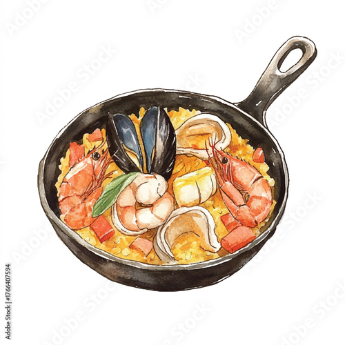 Delicious Seafood Paella in a Black Skillet.