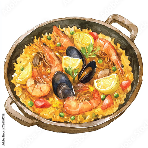 Delicious Seafood Paella in a Traditional Pan.