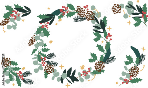 12月のクリスマスフレーム。松ぼっくりとヒイラギのクリスマス背景。冬のクリスマスリースイラスト。
December Christmas frame. Christmas background with pine cones and holly. Winter Christmas wreath illustration.