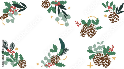 12月のクリスマスフレーム。松ぼっくりとヒイラギのクリスマス背景。冬のクリスマスリースイラスト。
December Christmas frame. Christmas background with pine cones and holly. Winter Christmas wreath illustration.