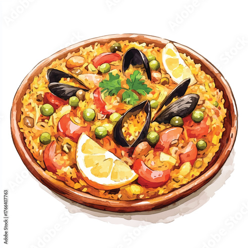 Delicious Seafood Paella with Mussels Shrimp and Lemon Wedges.