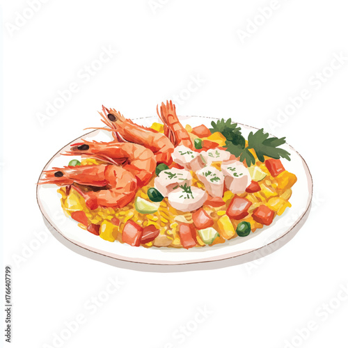 Delicious Seafood Paella with Shrimp and Scallops on White Plate.