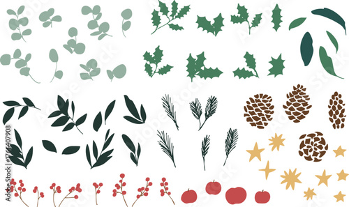 12月のクリスマスフレーム。松ぼっくりとヒイラギのクリスマス背景。冬のクリスマスリースイラスト。
December Christmas frame. Christmas background with pine cones and holly. Winter Christmas wreath illustration.