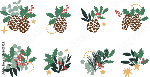 12月のクリスマスフレーム。松ぼっくりとヒイラギのクリスマス背景。冬のクリスマスリースイラスト。
December Christmas frame. Christmas background with pine cones and holly. Winter Christmas wreath illustration.