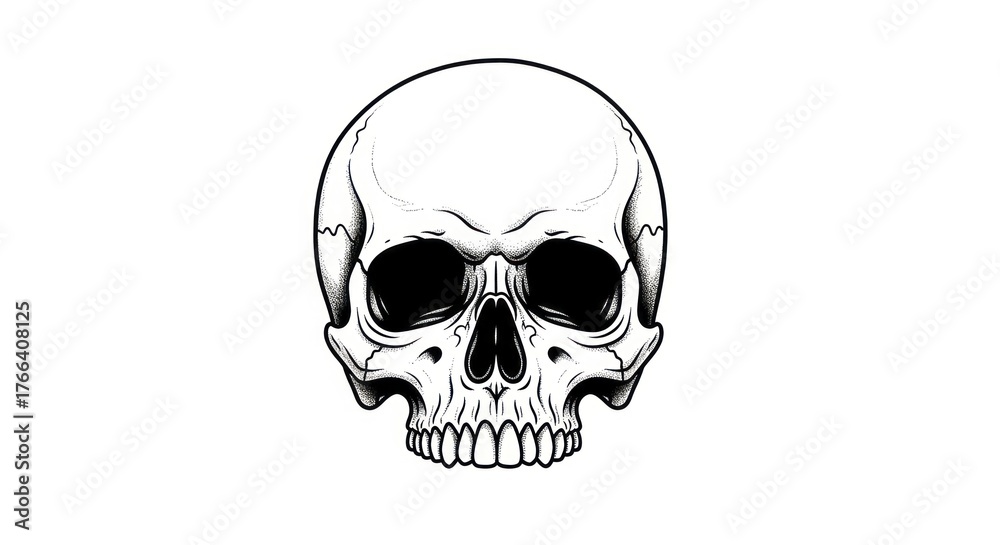 Fototapeta premium Detailed Black and White Skull Illustration with Stippling and Shading on an Isolated White Background, Perfect for Graphic Design and Artistic Projects