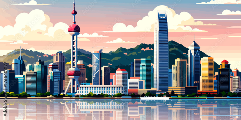 Obraz premium Colorful vector cityscape with modern skyscrapers and mountain backdrop at sunset