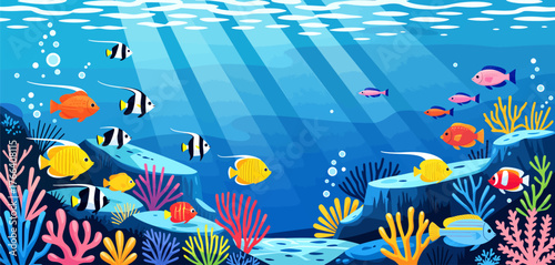 Colorful underwater scene with tropical fish and coral reefs in flat vector style