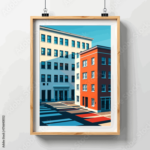 Colorful urban street scene in flat vector style with modern buildings and crosswalk
