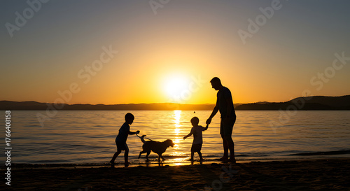 Silhouette of father and son playing on the beach at the sunset time - People having fun on summer vacation with their dog - Love, fatherhood and family concept