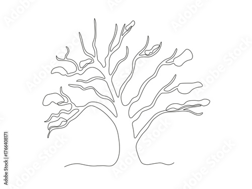 Abstract sprawling branching tree without leaves in winter with snow on the branches, continuous single line art hand drawing sketch, logo on white background