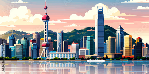 Colorful vector cityscape with modern skyscrapers and mountain backdrop at sunset