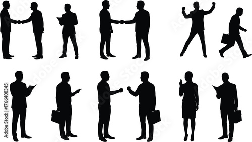 Business people silhouettes, teamwork communication, success celebration, office meeting, handshake agreement, corporate discussion, leadership, motivation, professional collaboration, 