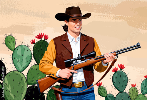 Cowboy holding rifle in desert with cacti, colorful vector illustration