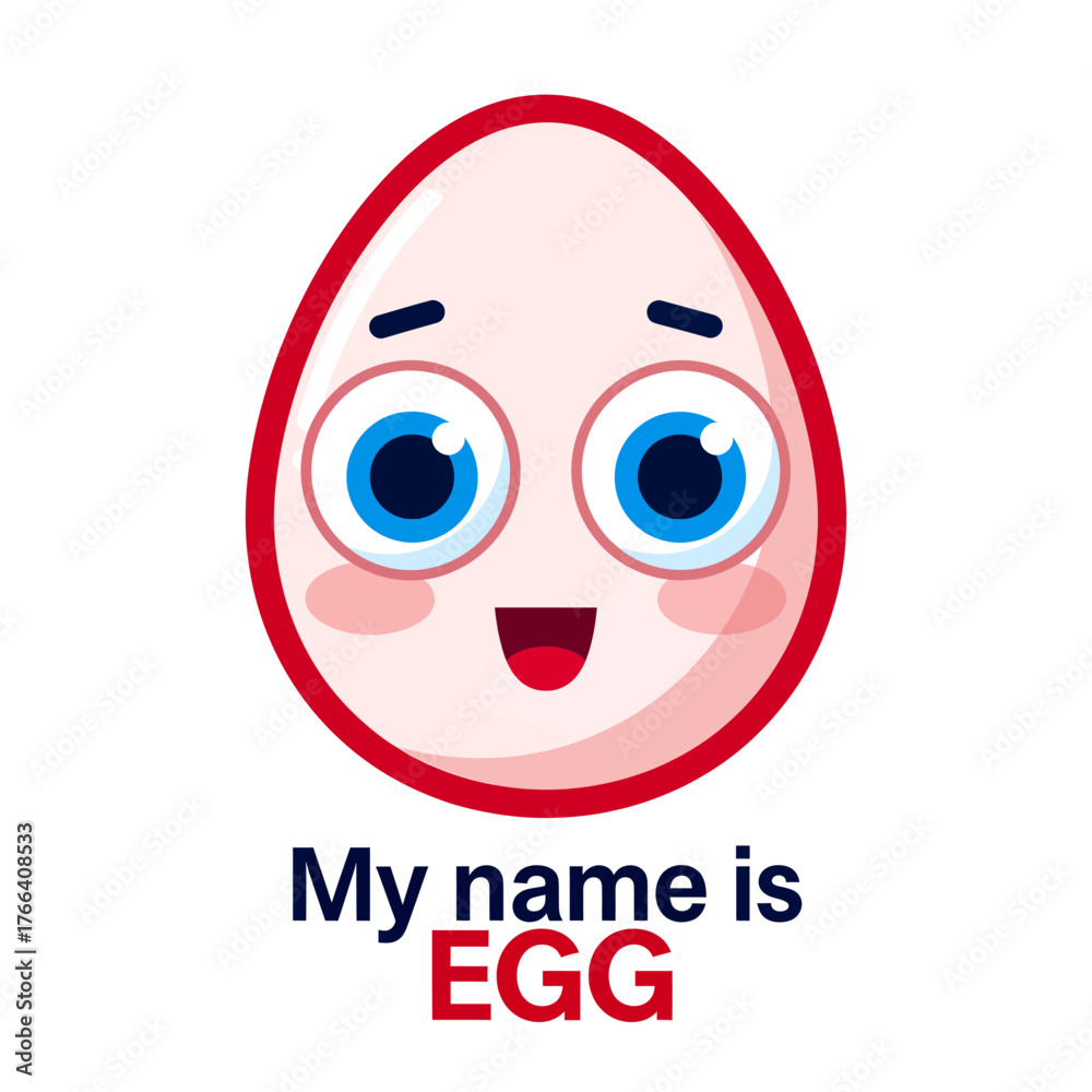 Fototapeta premium Cute egg character with big blue eyes and happy smile, flat colorful design isolated