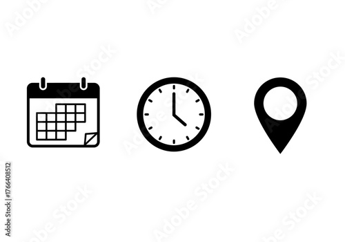 Essential planning icon collection featuring calendar, clock, and location pin symbols. Minimalist glyphs for scheduling date, time, and place on a white background