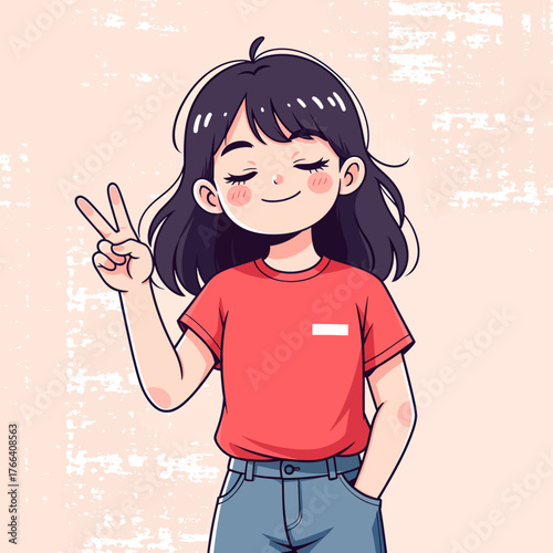 Cute girl making peace sign in red t shirt, colorful cartoon style, isolated
