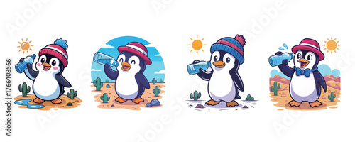 Stay Hydrated with Penguin Power: Quench your thirst with these adorable penguin characters enjoying refreshing water in the desert heat, perfect for summer fun