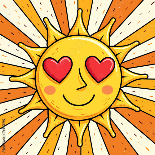 Cute sun with heart eyes smiling brightly in colorful comic style illustration
