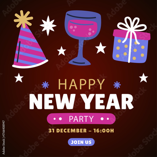 Happy New Year Party Invitation with Celebration Elements - Festive Decorations for a Joyful Celebration
