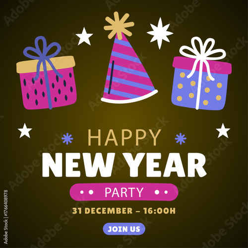 Happy New Year Party Invitation with Gifts and Party Hat - Celebrate the New Year's Eve Bash
