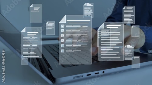 Businessman in computer doing online data documentation checklist survey. Fast checklist,clipboard task business management.Productivity checklist and filling survey form online.