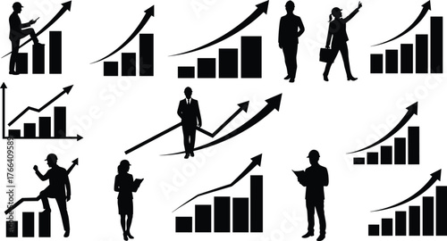 Business silhouettes with growth charts, professional success icons, career advancement, economic progress, finance illustration, productivity, achievement, wealth, upward trend