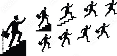Businessman climbing stairs and running upward symbolizing success, motivation, achievement, growth, leadership, ambition, progress, hard work, and career development.