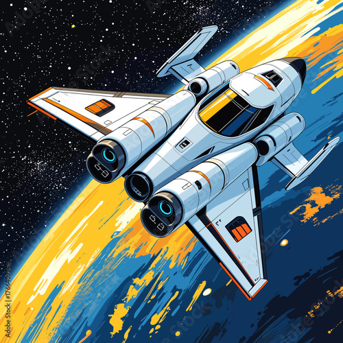 Futuristic spaceship flying over planet, colorful vector illustration in space