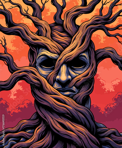 Gnarled tree face with twisted branches against fiery sunset sky, stylized vector art