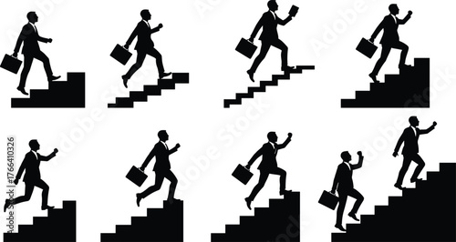 Businessman climbing stairs silhouette representing success, motivation, progress, ambition, leadership, growth, achievement, hard work, and career development concept.Businessman climbing stairs 