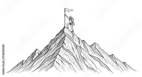 Climber on mountain peak with flag in black and white sketch style