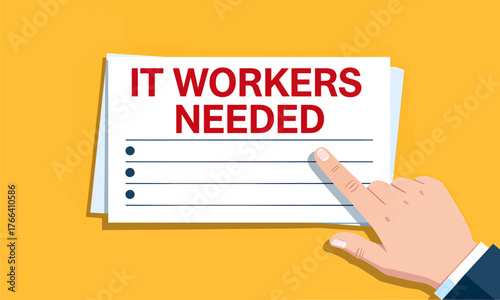 Hand pointing at IT workers needed sign, flat colorful illustration isolated
