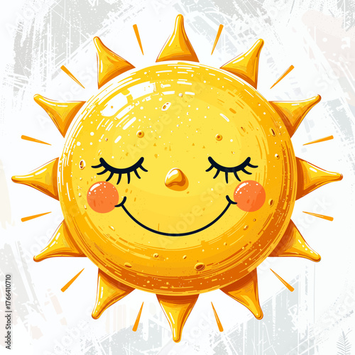 Happy cartoon sun with closed eyes and rosy cheeks, colorful and isolated