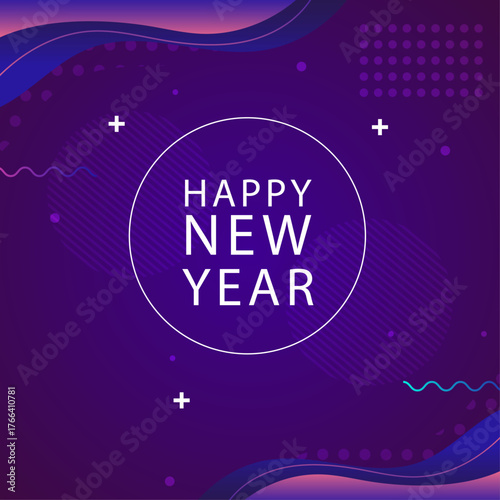 Festive Happy New Year greeting with typography in a circle on a modern abstract purple background